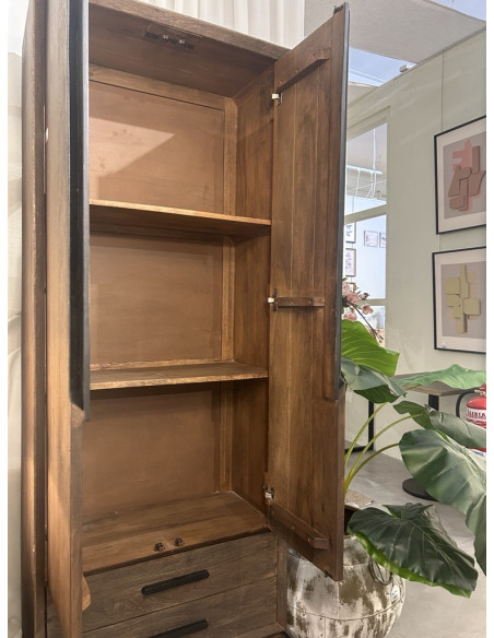 Armoire haute 2 portes 2 tiroirs en manguier teinté