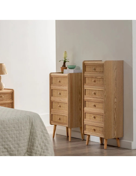 Chiffonnier 4 tiroirs en bois et rotin