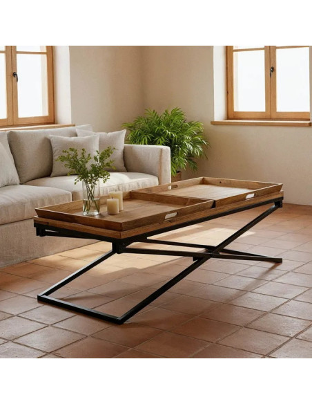 Table basse en manguier et métal avec plateaux