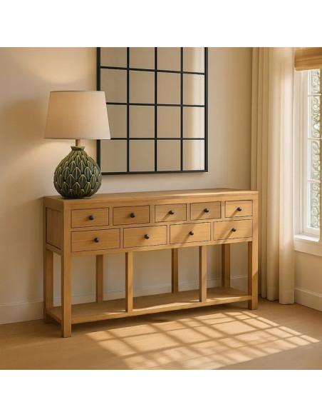 Console multi tiroirs en bois de mindi naturel