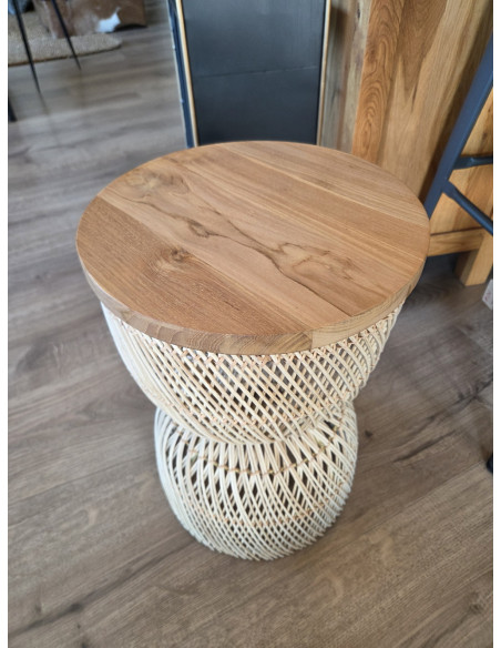 Bout de canapé en rotin et teck motif diabolo