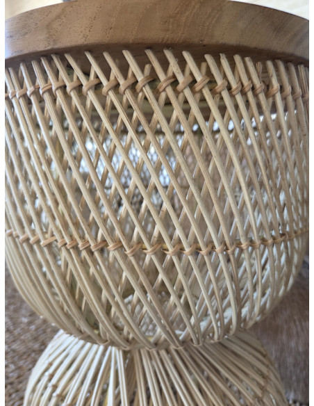 Bout de canapé en rotin et teck motif diabolo