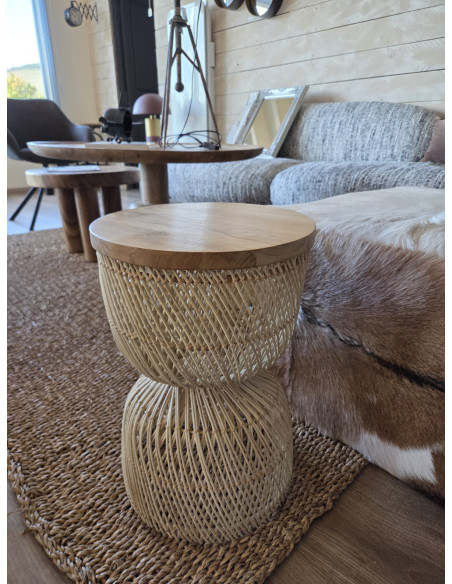 Bout de canapé en rotin et teck motif diabolo