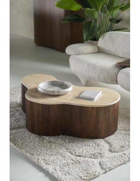 Grande table basse en manguier et travertin Mari