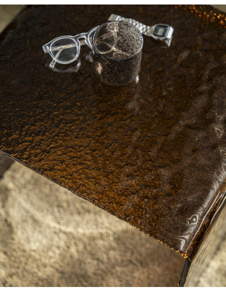 Table de salon en verre texturé et fumé