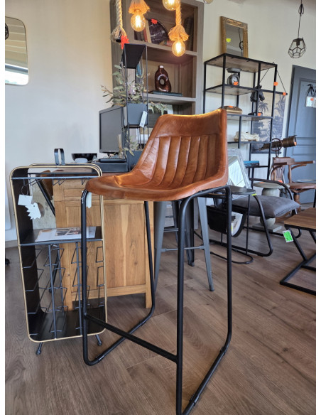 Tabouret de bar en cuir vintage avec pieds en métal