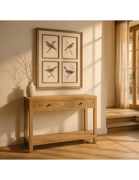 Console en bois massif de mindi avec tablette et tiroirs