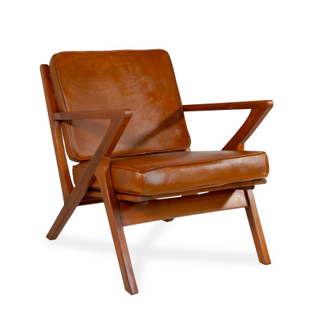 Fauteuil carré en cuir et bois de...