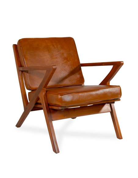 Fauteuil carré en cuir et bois de teck teinté Olaf