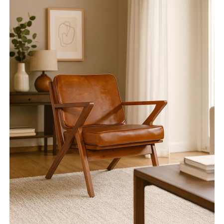 Fauteuil carré en cuir et bois de...