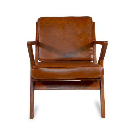 Fauteuil carré en cuir et bois de...