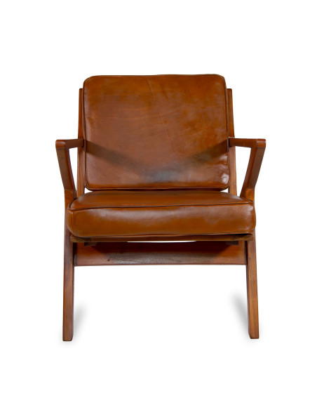 Fauteuil carré en cuir et bois de teck teinté Olaf