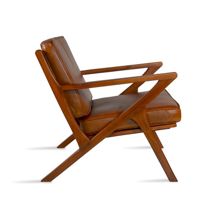 Fauteuil carré en cuir et bois de...