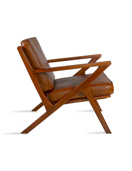 Fauteuil carré en cuir et bois de teck teinté Olaf