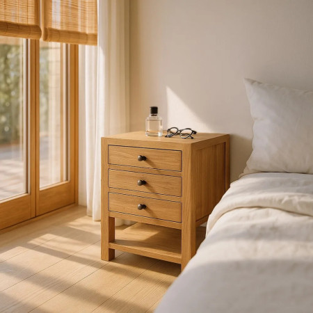 Chevet 3 tiroirs avec tablette mindi... Chevet 3 tiroirs avec tablette mindi...