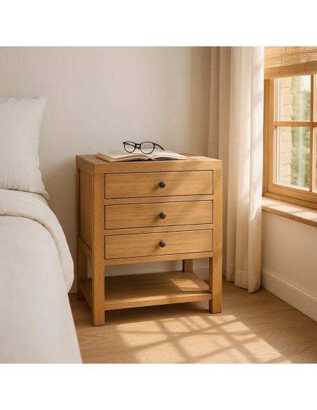 Chevet 3 tiroirs avec tablette mindi massif