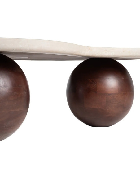 Table de salon forme haricot en manguier et marbre