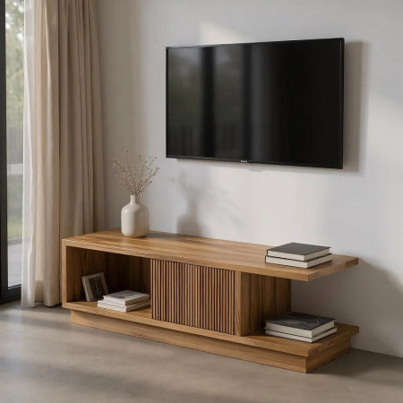Meuble TV en teck avec porte coulissante