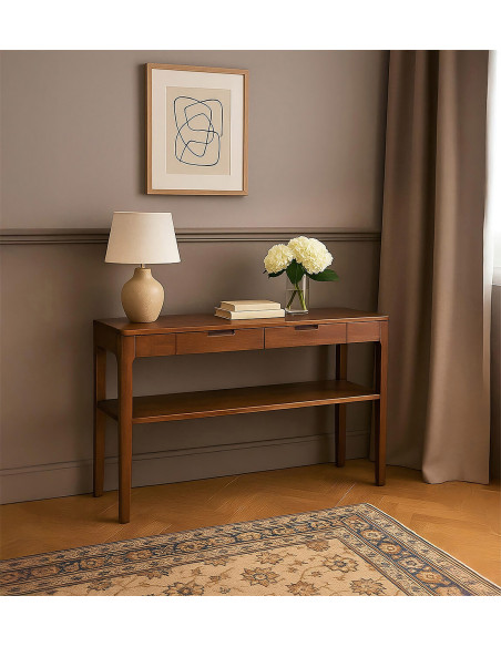 Console 2 étagères avec tiroirs en bois massif d'acajou