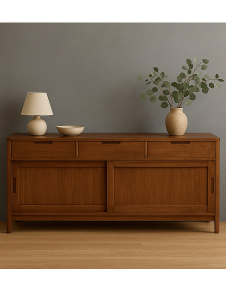 Grand buffet portes coulissantes 3 tiroirs en acajou massif