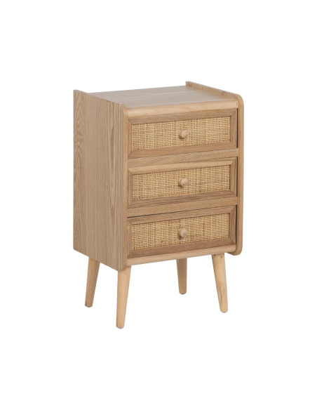 Table de chevet trois tiroirs façade rotin
