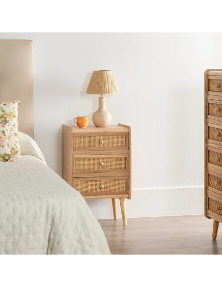 Table de chevet trois tiroirs façade rotin