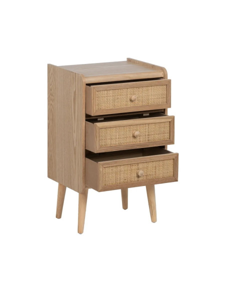 Table de chevet trois tiroirs façade rotin