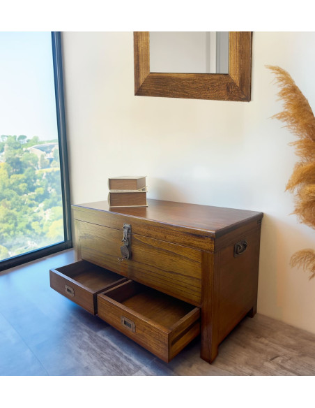 Malle coffre mindi massif avec tiroirs de rangements