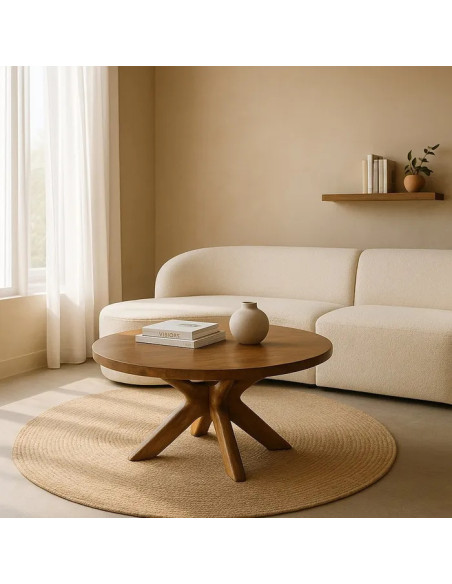 Table de salon ronde en manguier massif pied étoile