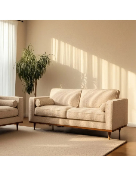 Canapé rectiligne en tissu beige et pieds bois