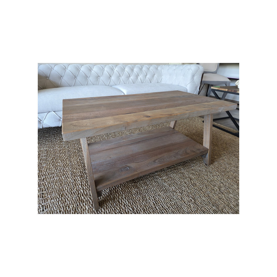 Table Basse En Bois Massif – XXe Siècle – Patine, Piétement Sculpté – 180x55x48 Cm