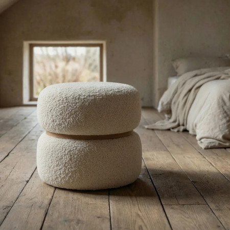 Pouf rond tissu bouclette ceinture bois