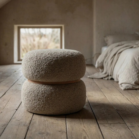 Pouf rond tissu bouclette ceinture bois
