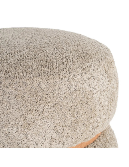 Pouf rond tissu bouclette ceinture bois