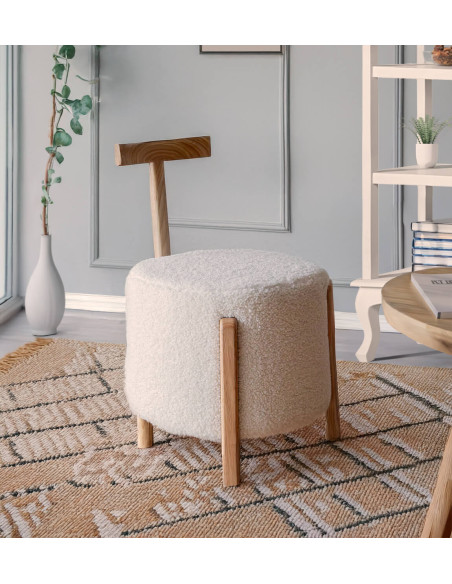 Pouf rond avec poignée tissu moumoute en laine