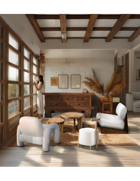 Pouf rond avec poignée tissu moumoute en laine