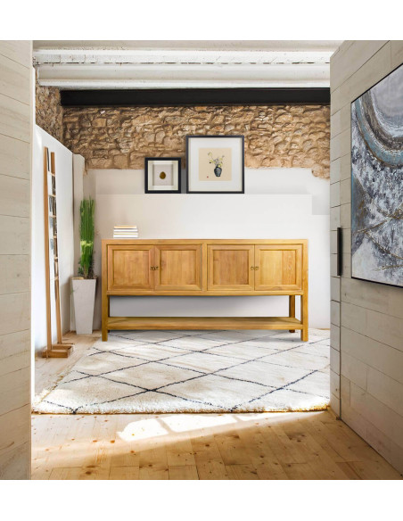 Buffet quatre portes avec étagère en teck massif