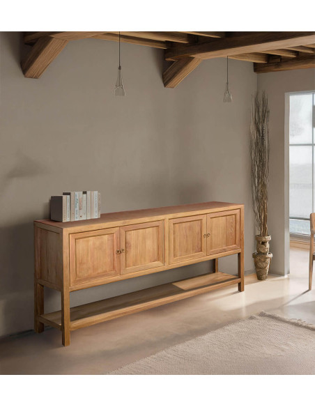 Buffet quatre portes avec étagère en teck massif