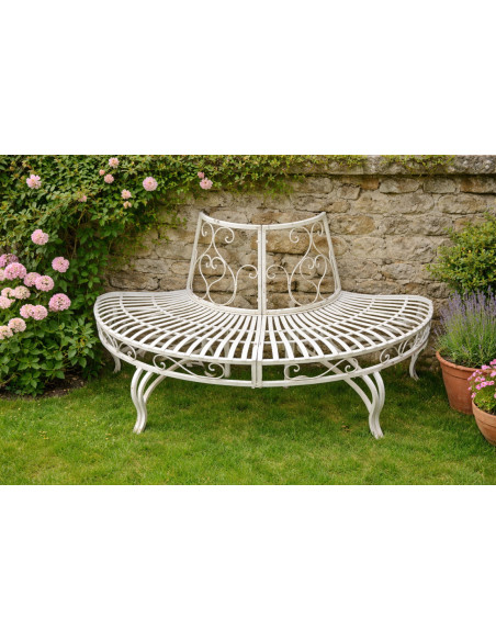 Banc demi-tour d'arbre en métal finition blanc crème antique