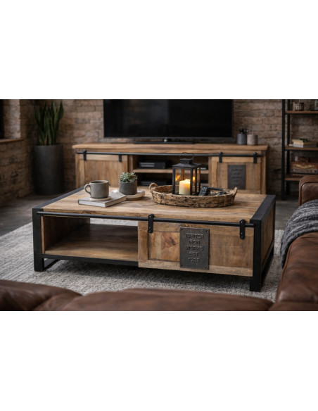 Table basse industrielle en bois de manguier