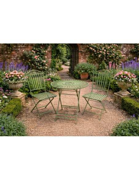 Table ronde de jardin avec deux chaises finition vert antique
