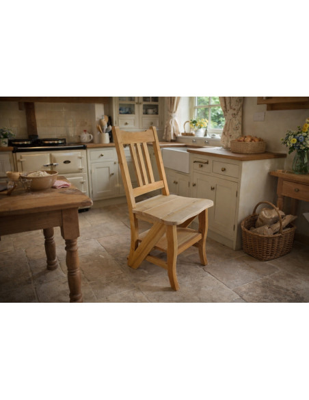 Chaise escabeau en bois massif naturel