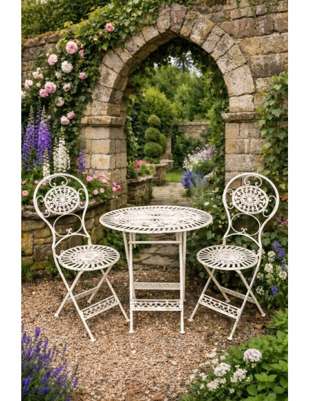 Ensemble de jardin avec 2 chaises en métal effet vieilli crème