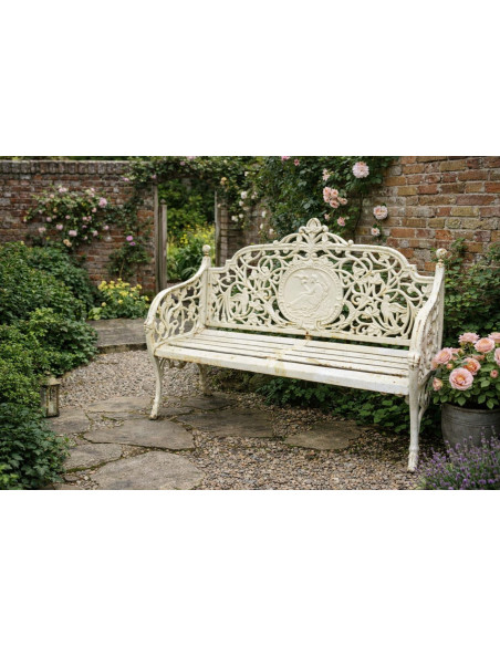 Banc de jardin en fonte blanc vieilli avec médaillon femme