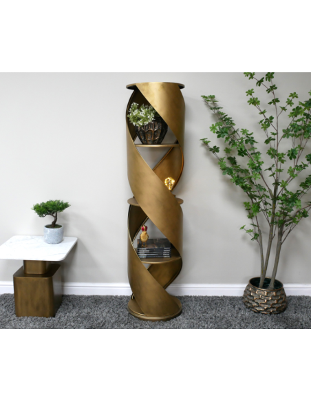 Bibliothèque colonne design torsadée en métal doré – Pièce sculpturale