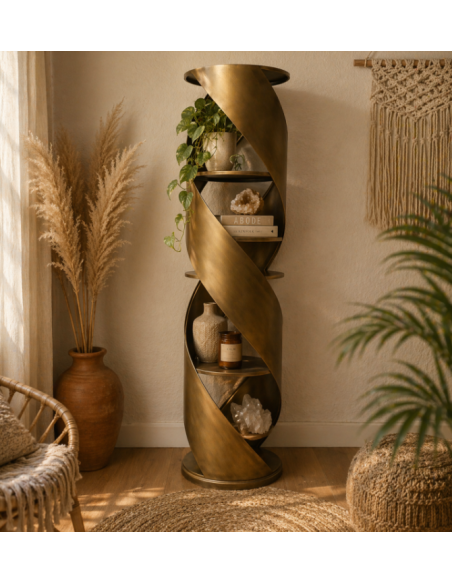 Bibliothèque colonne design torsadée en métal doré – Pièce sculpturale