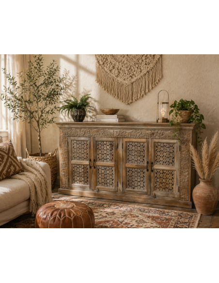 Buffet 4 portes en manguier sculpté et ajouré