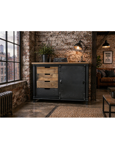 Buffet métallique avec porte coulissante et 4 tiroirs