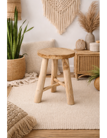 Petit tabouret en bois massif de teck brut