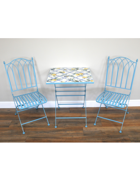 Salon de Jardin Santorini Mosaïque Bleu – Table & 2 Chaises Style Méditerranéen